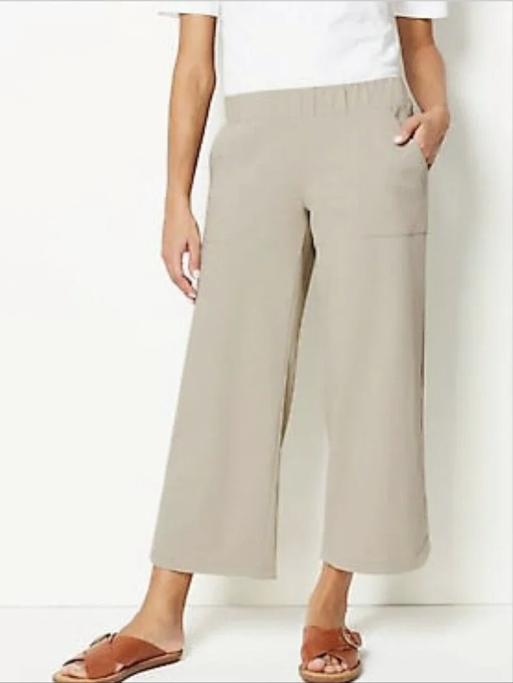 J. Jill Wide-Leg Cropped Pull-On Pants in Sand Color Large Tall Cotton Linen